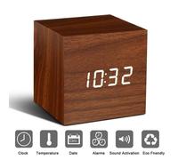 LED Réveil en Bois Réveil numérique en bois, Horloge Digital Cube avec Activation Vocale- Brown