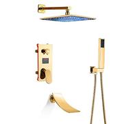 LED Shower System with Digital Display Golden Shower Faucet Set with Waterfall Tub Spout Rain Mixer Shower Combo Set with Rainfall Shower Head System with Handheld Shower Set,10 inches (A 16 tum)