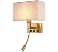 LED Spotlight, Brass Finish Wall Sconce with and 1W Reading - Fabric Wall Light Fixtures USB Charge Port Wall Mount Lamps for Bedroom Bedside Living Room (Beige)
