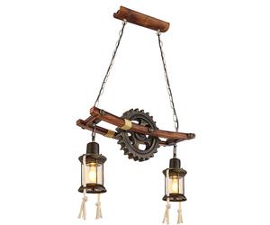 LED Steampunk Lampe à suspendre Vintage industrielle Lampe à suspendre bois métal, lanterne roue dentée, verre, laiton, 2x 4W 2x 320lm blanc chaud, LxlxH 62x20x110 cm