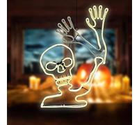 LED Universum Silhouette de fenêtre LED blanc fluo avec squelette Bonesy avec effet bras d'angle pour l'intérieur et l'extérieur IP44 230 V 54 x 25 cm Décoration effrayante pour Halloween
