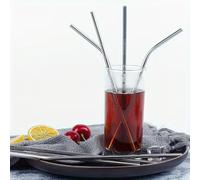 Leddy Living Pailles métalliques 21,5 cm 4 pièces acier 18/10 - 2 droites et 2 courbes, Ø6 mm, réutilisables, lave-vaisselle, avec brosse, argent brillant pour cocktail et boissons