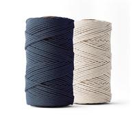 LEDENT Corde à macramé (3mm, 2x120M, écru Naturel & Bleu Marine) - Double Torsion en 100% Coton recyclé pour des projets créatifs, décoration et Bricolage