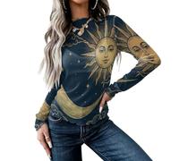 LeDiYouGou Blouse Mesh Femme Illustrations du Soleil Et De La Lune Haut Transparent Manche Longue Estampes Anciennes sur Bois T-Shirt Sheer Maille Sexy Élégant Club S-5XL