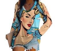 LeDiYouGou T-Shirt Femme Manches Longues Col V Bandes Dessinées Américaines Design | 3D Ondulations Blondes Haut Décontracté Oversize Tissu Doux Coupe Ample pour Quotidien Bureau Loisirs