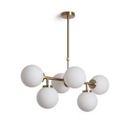 LEDKIA Suspension Métal et Verre Lautrec Doré | Design moderne réglable | Compatible ampoules E27 | Pour intérieurs salons et restaurants | 6 abat-jours sphériques