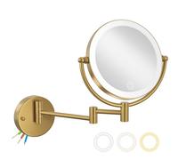 LEDOOLE Miroir de maquillage câblé doré double face grossissant 1/10x avec lumières 3 couleurs et luminosité réglable, bras oscillant à 360°, laiton moderne brossé