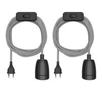 ledscom.de 2 câbles textiles LEHA II, fiche, interrupteur, noir, blanc, dentelés, 3 m, douille en porcelaine, 1 E27 max. 300 W