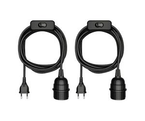 ledscom.de 2 câbles textiles LEKA, fiches, interrupteur, noir, 3 m, douille, 1 douille E27 max. 60 W