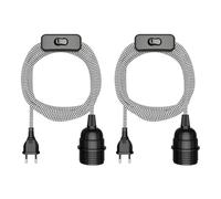 ledscom.de 2 câbles textiles LEKA, fiches, interrupteur, noir, blanc, dentelés, 3 m, douille, 1 x E27 max. 60 W