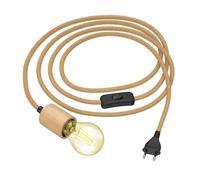 ledscom.de Câble de chanvre KIVO, beige, 3m, douille E27 en bois véritable, fiche, interrupteur, ampoule LED incluse, 471lm, blanc extra chaud