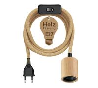 ledscom.de Câble en chanvre/câble textile KIVO, fiche, interrupteur, beige/brun clair, 3m, douille de lampe en bois véritable, 1x E27 max. 60W