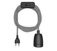 ledscom.de Câble textile LEHA II, fiche, interrupteur, noir, blanc, dentelé, 3 m, douille en porcelaine, 1x E27 max. 300W