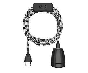 ledscom.de Câble textile LEHA II, fiche, interrupteur, noir, blanc, dentelé, 3 m, douille en porcelaine, 1x E27 max. 300W