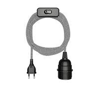 ledscom.de Câble textile LEKA, fiche, interrupteur, noir, blanc, dentelé, 3 m, douille, 1x E27 max. 60 W
