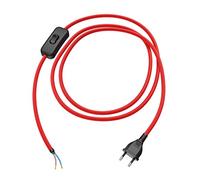 ledscom.de Prise européenne type C avec câble textile, interrupteur, 2 m, rouge, 2 x 0,75 mm².