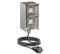 ledscom.de Prise extérieure double STEDDA avec câble de 2 m, IP44, acier inoxydable, modèle vertical, prises pour le jardin, la terrasse et l'extérieur