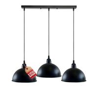 LEDSone Abat-jour de suspension 3 têtes Noir E27 Base d'ampoule Forme dôme vintage industrielle pour plafond Style loft en métal pour îlot de cuisine, salon, salle à manger Kit de support de plafond