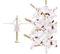 LEDSone Lot de 25 chevilles et vis pour plaques de plâtre, kit d'ancrage pour cloison sèche, tube d'expansion, ancrages en plastique, type papillon, fixation murale, couleur blanche