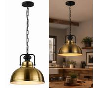 LEDSone Lustre suspendu au plafond de style rétro industriel vintage, abat-jour en forme de dôme courbé de couleur chromée avec chaîne et support E27 UK (Laiton vert)