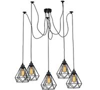 LEDSone Plafonnier à 5 têtes en forme de cage à diamant noir E27 - Suspension réglable pour salle à manger, cuisine, chambre à coucher, ferme