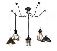 LEDSone Suspension vintage à 5 têtes en forme d'araignée réglable en hauteur en métal noir avec support UK E27 (Style 4 sans ampoule)