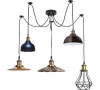 LEDSone Suspension vintage à 5 têtes en forme d'araignée réglable en hauteur en métal noir avec support UK E27 (Style 3 sans ampoule)