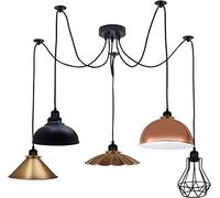 LEDSone Suspension vintage à 5 têtes en forme d'araignée réglable en hauteur en métal noir avec support UK E27 (Style 1 sans ampoule)