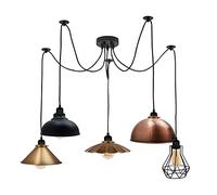 LEDSone Suspension vintage à 5 têtes en forme d'araignée réglable en hauteur en métal noir avec support UK E27 (Style 1 avec ampoule)