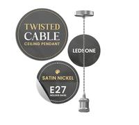 LEDSone Suspension vintage en nickel satiné E27 - Câble tressé torsadé pour éclairage intérieur dans la cuisine, la salle à manger, le bar, le café, le loft