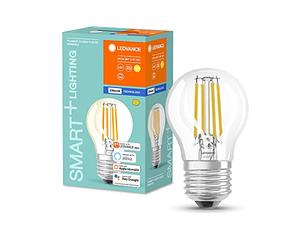LEDVANCE Ampoule LED intelligente avec Bluetooth, ampoule E27 à filament clair en forme de goutte, gradable, blanc chaud (2700K), remplace les ampoules de 40W, contrôlable avec Google et Alexa, 4-Pack