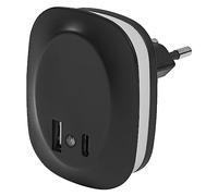 LEDVANCE LUNETTA EDGE SOCKET NIGHT LAMIN, Noir, 0,35W, 10LM, lumière blanche chaude, capteur de lumière du jour, connexion USB-A et USB-C, technologie LED, fonctionnalité de charge, IP20, 3000K