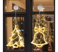 LEDYA Guirlande lumineuse LED en forme de sapin de Noël, lot de 2, rideau de 10 LED, lumière blanc chaud, fonctionne à piles avec ventouse et minuterie, guirlande de fenêtre pour décoration de Noël