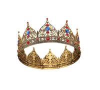 LEEMASING Grande couronne royale en métal pour homme - Accessoires pour cheveux - Design creux - Pour anniversaire, concours de beauté, fête, bal de fin d'année - Doré foncé avec pierre rouge et bleue