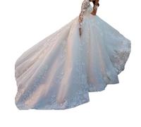 Leeonway Robes De MariéE,Robe De MariéE Longue en Tulle,Dentelle Grande Traine Robe Mariées,Queue Robes Mariées,Grande Taille,Blanche Mariage Civil,Col V A Line,EléGante,pour Mariage