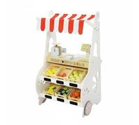 LeeQinersw Children Play Store Échoppe Marchande Enfant Stand Marché Boutique Épicerie en Bois avec roulettes Tiroir Glacière Caisse et 19 Accessoires Adaptée au
