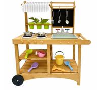 LeeQinersw Cuisine Enfant Bois Jouet Cuisine Dînette Évier Ardoise Canopy avec roulettes Accessoires Ustensiles Pots Plantes Étagères Ouvertes Jeu Imitation