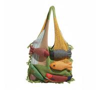 LeeQinersw Sac Tricoté Poisson 3D Sac Porté Épaule avec Franges Patchwork en Coton Léger Convenable pour Jeunes Filles Utilisation Quotidienne École Promenades Plage, Vert