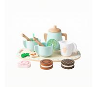 LeeQinersw Service à Thé Enfant Jouet Théière Tasses Plateau Bois Simulation Utensiles Jeu Imitation Éducatif Motricité Fine Peinture Pastel sans Arêtes pour, Bleu
