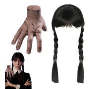 LEERMEIZI Perruque de mercredi avec frange, perruque avec mains froides, mercredi Addams, perruque réaliste avec mains carrées réalistes, pour Adams, cosplay, fête, carnaval, Halloween