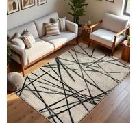 Leesentec Tapis Salon Tapis de Chambre à Poils Courts Artistique Bohème Moderne Antiderapant Doux Motif Abstrait Géométrique (Beige/Rayé Noir, 80 x 120 cm)