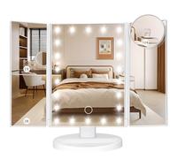 LeeWent Miroir de maquillage avec lumières, miroir de salle de bain à luminosité réglable, grossissement 1X/2X/3X/10X et écran tactile, miroir de maquillage à trois volets, deux modes d'alimentation