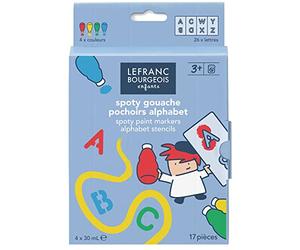 Lefranc Bourgeois 301488 Spoty Kit de peinture pour enfants avec 4 crayons ergonomiques et 13 pochoirs réutilisables, 26 motifs de lettres