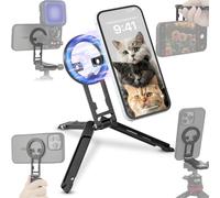 Leftfoto Support de téléphone magnétique robuste en métal - Mini trépied de bureau pliable réglable compatible avec iPhone 17 Pro/16/15 Pro Max/14/13/12/étuis MagSafe/ou téléphones Android
