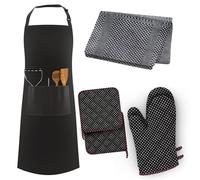 LEFUNDA® 7 pièces Ensemble de cuisine comprend un tablier de barbecue ajustable à 3 poches, des gants de four, des maniques et des torchons, conçu pour les cuisiniers amateurs, les restaurants cafés.