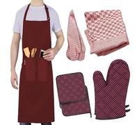 LEFUNDA® Juego de cocina 4 en 1 con delantal de cocina, manoplas para horno, agarraderas, paños de cocina, delantal de barbacoa ajustable con 3 bolsillos para cocina, cocina, restaurante, cafetería