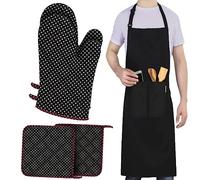 LEFUNDA® Lot de 5, avec 2 Gants de Four + 2 maniques + 1 Tablier de Cuisine, Tablier de Grill réglable avec 3 Poches, Gants Cuisine en Coton résistant à la Chaleur, Restaurant, café, Barbecue, Grill