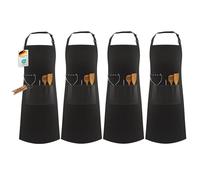 LEFUNDA Tablier de cuisine 4 pièces, imperméable avec 3 poches, tablier de barbecue, réglable avec longues sangles, pour homme et femme, cuisine, barbecue, restaurant, café, grill, serveur,chef, noir