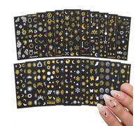 LEFZUR 20 Feuilles Autocollants d'Ongles Style Bohème 5D, Étoiles Lunes Soleils en Relief Dorés, Décorations d'Ongles Auto-Adhésives pour Manucure DIY Nail Art Femme