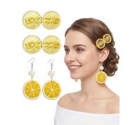 LEFZUR Boucles d'Oreilles Citron Femme et 2 Pinces à Cheveux Set, Accessoire Citron pour Carnaval, Halloween, Cosplay, Fête, Bijoux Citron Fruité Cadeau pour Femmes et Filles, Style Estival Mignon